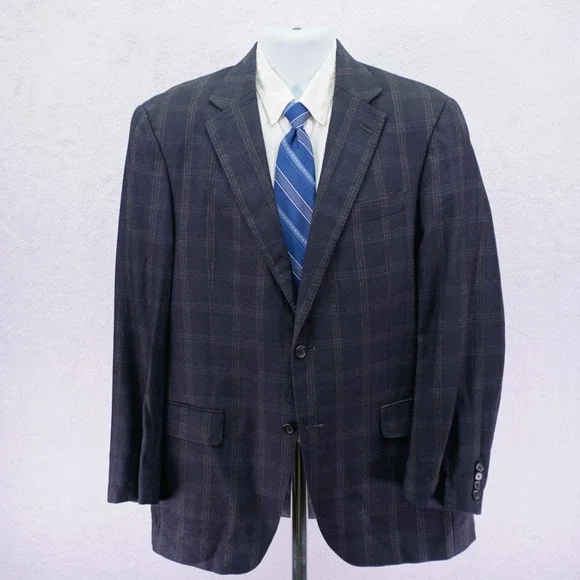 Hart Schaffner Marx Blue / Gray With Tan White Windowpane Wool Sport‎ Coat 42L